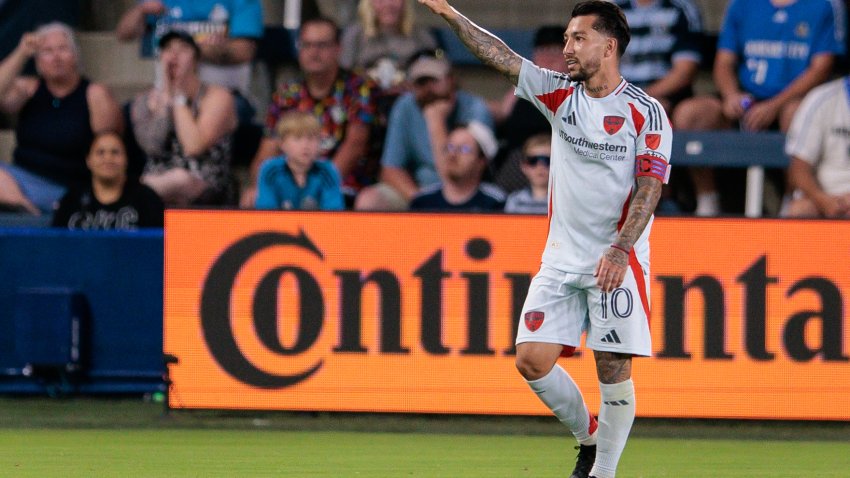 Jun 14, 2025; Kansas City, Kansas, USA; FC Dallas midfielder Luciano Acosta (10) reacts after scoring a goal during the second half against the Sporting Kansas City at Children’s Mercy Park. Mandatory Credit: William Purnell-Imagn Images