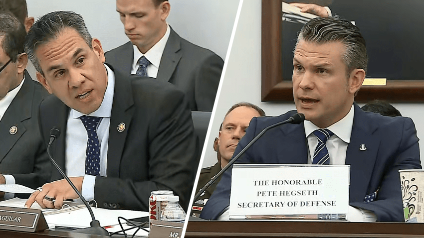 Split screen with Pete Aguilar on left and Pete Hegseth on right