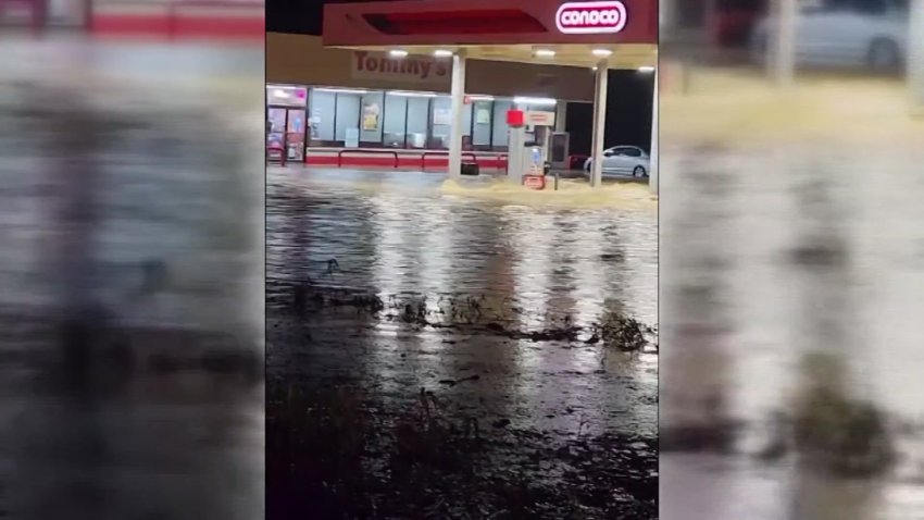Flooding at Tommy’s Convenience Store in Santo, Texas, Thursday, June 12, 2025.