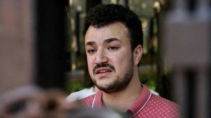 Mahmoud Khalil speaks to reporters about the encampment at Columbia University in New York City on June 1, 2024.