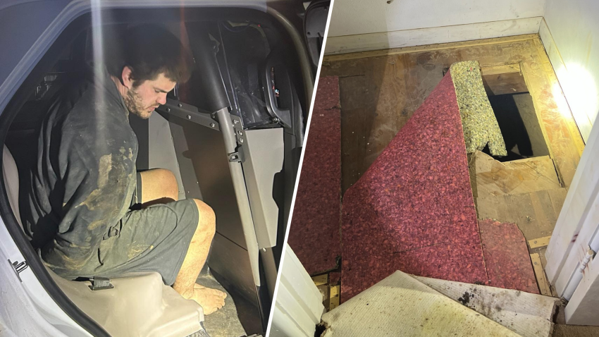 Trevor McEuen, left, after being taken into custody. On the right, access to a crawl space under MeEuen’s grandmother’s house.