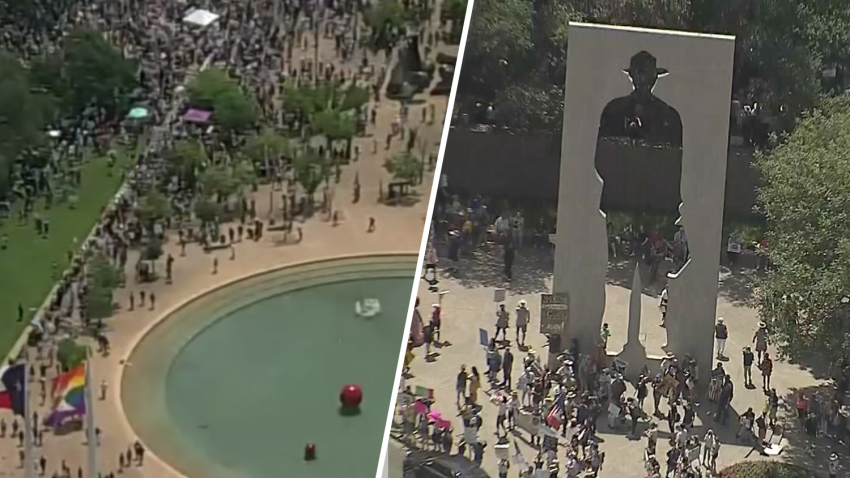 ‘No Kings’ protests at Dallas City Hall, left, and in downtown Fort Worth, right.