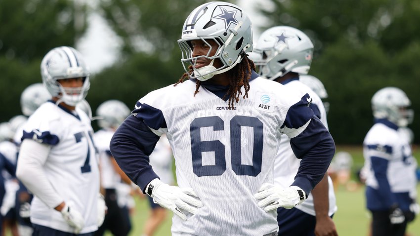 Jun 10, 2025; Arlington, TX, USA;  Dallas Cowboys offensive tackle Tyler Guyton (60) goes through a drill during practice at the Ford Center at the Star Training Facility in Frisco, Texas. Mandatory Credit: