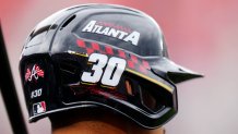 A detail shot of the helmet worn by Drake Baldwin