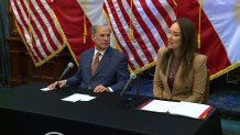 Texas Gov. Greg Abbott, left, with Agriculture Secretary Brooke Rollins, right, announce a plan to build a fly factory to fight the invasive screwworm.