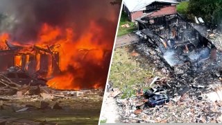 An explosion in a St. Louis suburb is blamed for starting fires that destroyed five homes and hurt at least four people Monday, Aug. 25, 2025.