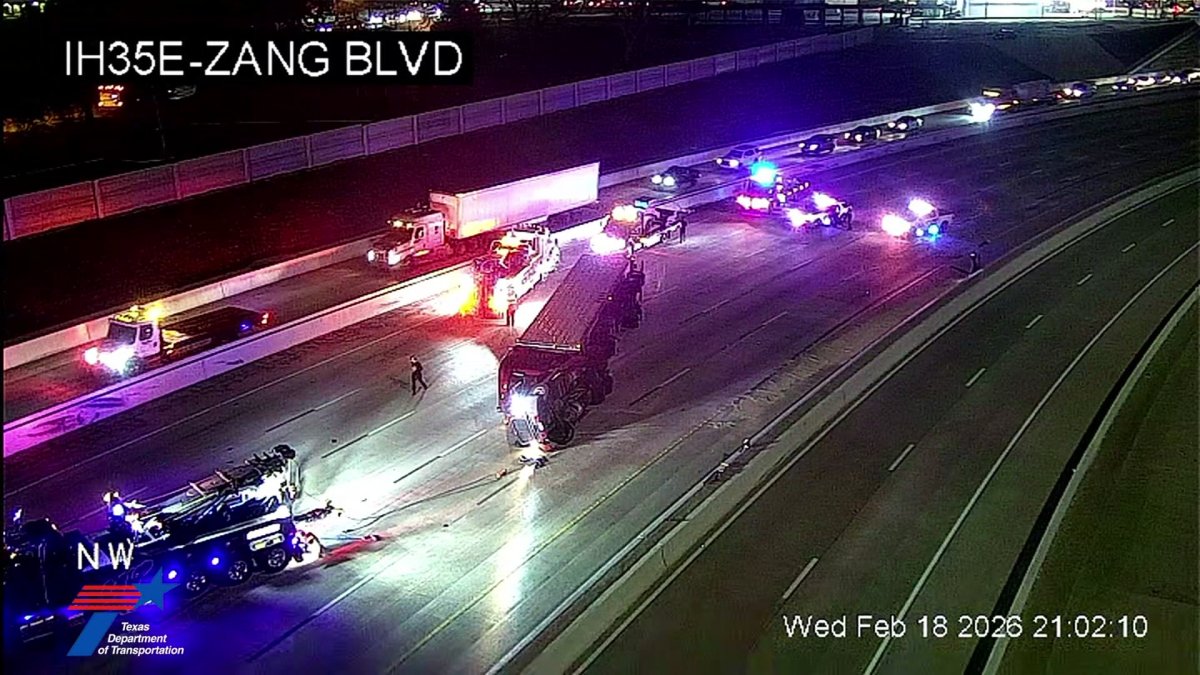 An overturned 18-wheeler blocks all southbound lanes of I-35 at Illinois in Dallas County. Hazmat crews respond to fuel leak. Driver not injured.