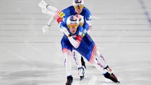 Team USA competes in the speed skating men's team pursuit