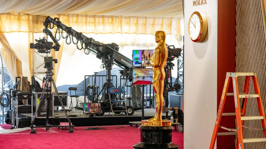 General views of a large Oscar statue set up on the red carpet