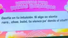 A warning posted on a TV screen in a bar in Medellín, Colombia, warns patrons to trust their instincts and alert staff if they see anything suspicious.
