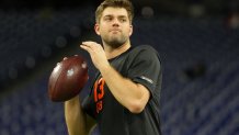 Feb 28, 2026; Indianapolis, IN, USA; LSU quarterback Garrett Nussmeier (QB13) during the NFL Scouting Combine at Lucas Oil Stadium. Mandatory Credit: Kirby Lee-Imagn Images