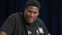 Feb 25, 2026; Indianapolis, IN, USA; Texas linebacker Anthony Hill (LB12) speaks during the NFL Scouting Combine at the Indiana Convention Center. Mandatory Credit: Kirby Lee-Imagn Images