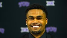 Jul 9, 2025; Frisco, TX, USA; TCU wide receiver Eric McAlister speaks with the media during 2025 Big 12 Football Media Days at The Star. Mandatory Credit: Raymond Carlin III-Imagn Images