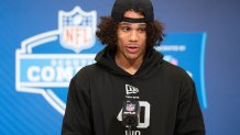 Feb 27, 2026; Indianapolis, IN, USA; Arizona State wideout Jordyn Tyson (WO40) speaks to members of the media during the NFL Combine at the Indiana Convention Center. Mandatory Credit: Jacob Musselman-Imagn Images
