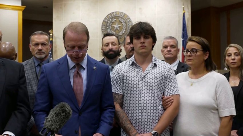 District Attorney and the family of Austin Metcalf provide a news conference after victim impact statements
