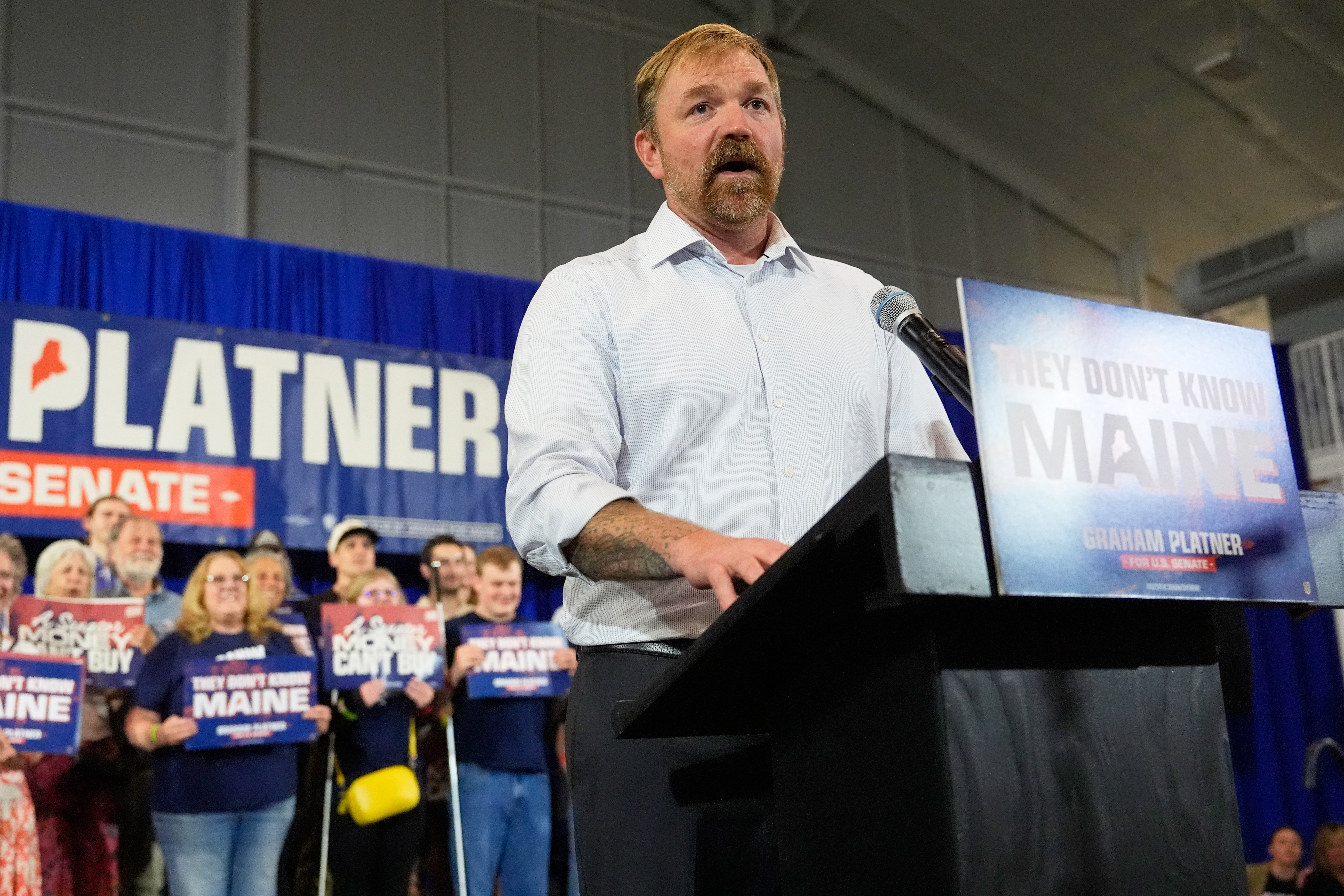 Democratic U.S. Senate candidate Graham Platner speaks during a primary election night watch party after winning the Democratic nomination Tuesday, June 9, 2026, in Blue Hill, Maine.