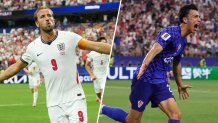 Harry Kane, left, and Petar Musa, right, play in a World Cup match in Arlington, Texas, June 17, 2026.