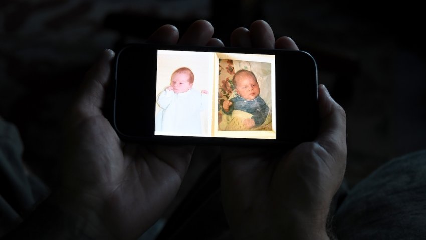 Jeremy Morrison, who says he was sent home with the wrong parents after he was born, shows what he believes is a baby photo of him, left, and of the other baby he says was switched at birth while recounting the story at his home in Colorado