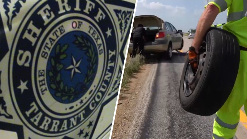 Image of the Tarrant County Sheriff’s Office logo (left) & Tarrant County Sheriff’s Office Courtesy Patrol member with a spare tire.