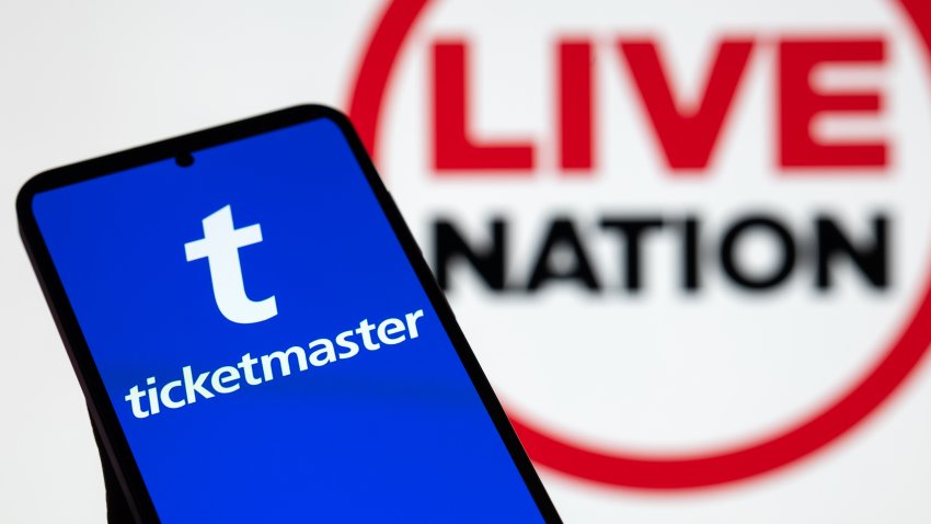 The Ticketmaster logo is displayed on a mobile phone with the Live Nation logo seen in the background in this photo illustration in Brussels, Belgium, on October 25, 2025.