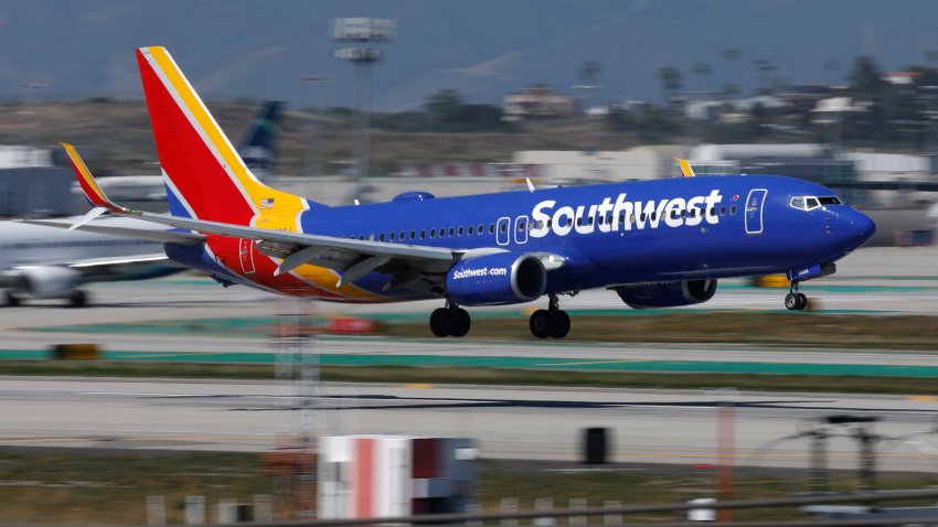 A Southwest Airlines Boeing 737 airplane lands at Los Angeles International Airport after arriving from Chicago on March 7, 2026 in Los Angeles, California.