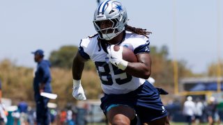 OXNARD, CALIFORNIA – JULY 30: Princeton Fant #85 of the Dallas Cowboys runs after the catch during training camp at River Ridge Playing Fields on July 30, 2026 in Oxnard, California.