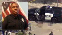 Police officials say Dallas ISD police officer Justin Jones, inset, was shot while assisting a person in crisis outside a Walmart in North Dallas on Thursday, Aug. 6, 2026.