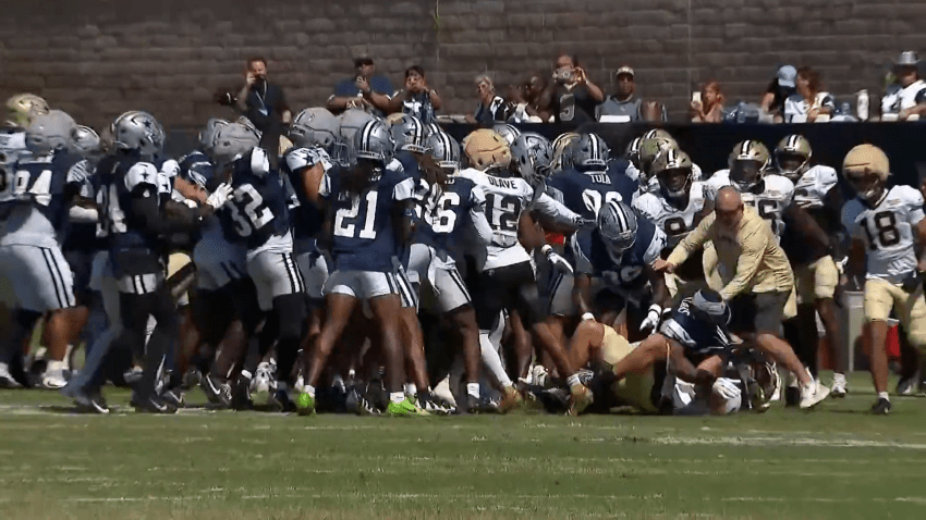 The Cowboys and Saints quickly went from chippy to fighting on multiple occasions. Brief dustups soon evolved into team-wide skirmishes, including multiple punches thrown. Cowboys second-year linebacker Donovan Ezeiruaku was thrown out after officials saw him throw a punch, marking the second time that’s happened during training camp.