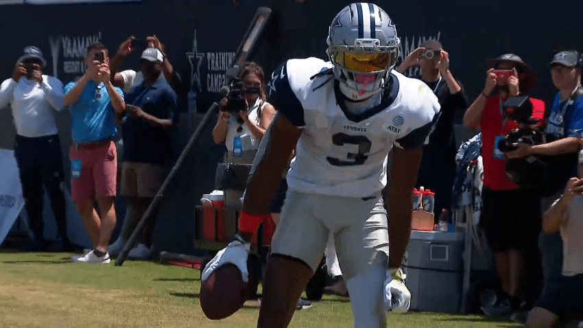 George Pickens celebrates a catch at Dallas Cowboys training camp Aug. 19 2026