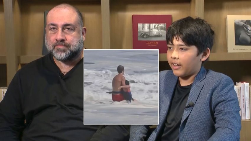 Sumit Rai, left, and his son Nathaniel Rai, talk about his rescue after being overtaken by waves on the California coast. Inset, a photo of the rescue.