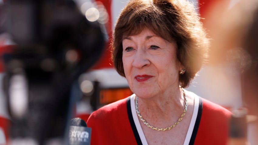 KITTERY, MAINE – AUGUST 14: U.S. Sen. Susan Collins (R-ME) speaks with the news media outside the Kittery Trading Post, the first stop of a weekend re-election campaign bus tour of the state of Maine, on August 14, 2026 in Kittery, Maine. (