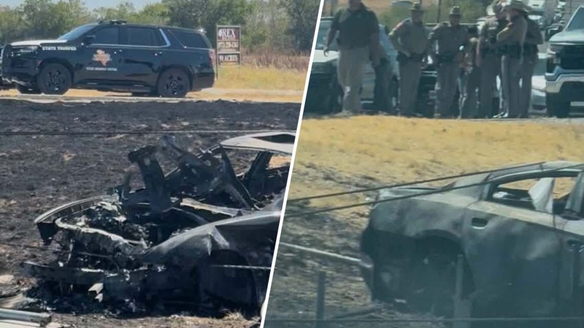 A car caught fire after a police chase and crash in northern Denton County, Texas, on Monday, Sept. 14, 2026.