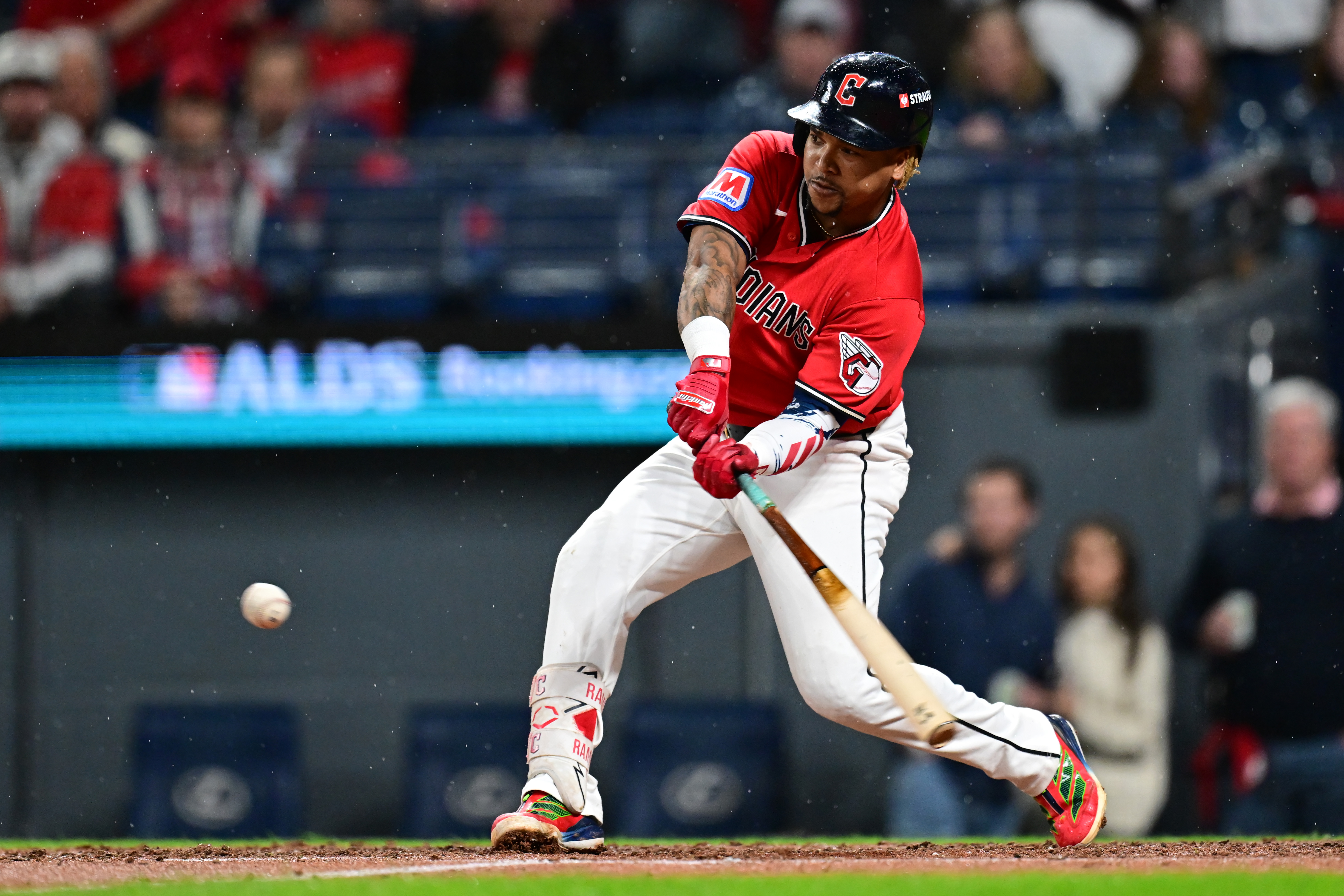 CLEVELAND, OHIO – OCTOBER 10: José Ramírez #11 of the Cleveland Guardians hits a two run home run during the fourth inning in game five of the American League Division Series against the Chicago White Sox at Progressive Field on October 10, 2026 in Cleveland, Ohio. (Photo by Nick Cammett/Getty Images)
