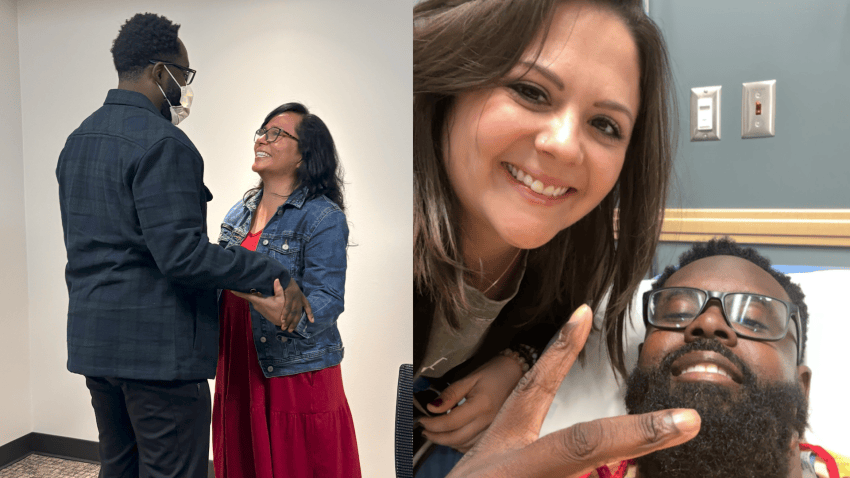 On the left, Kwuan Shaw meets donor Alexa Nava, on the right he is with is wife, Whitney.