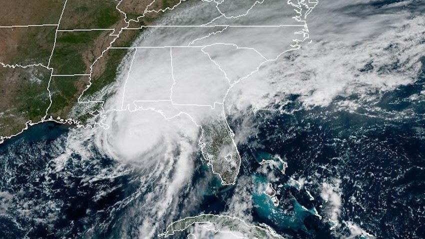 This satellite image from the National Oceanic and Atmospheric Administration shows Hurricane Isaias surging toward the U.S. Gulf Coast.