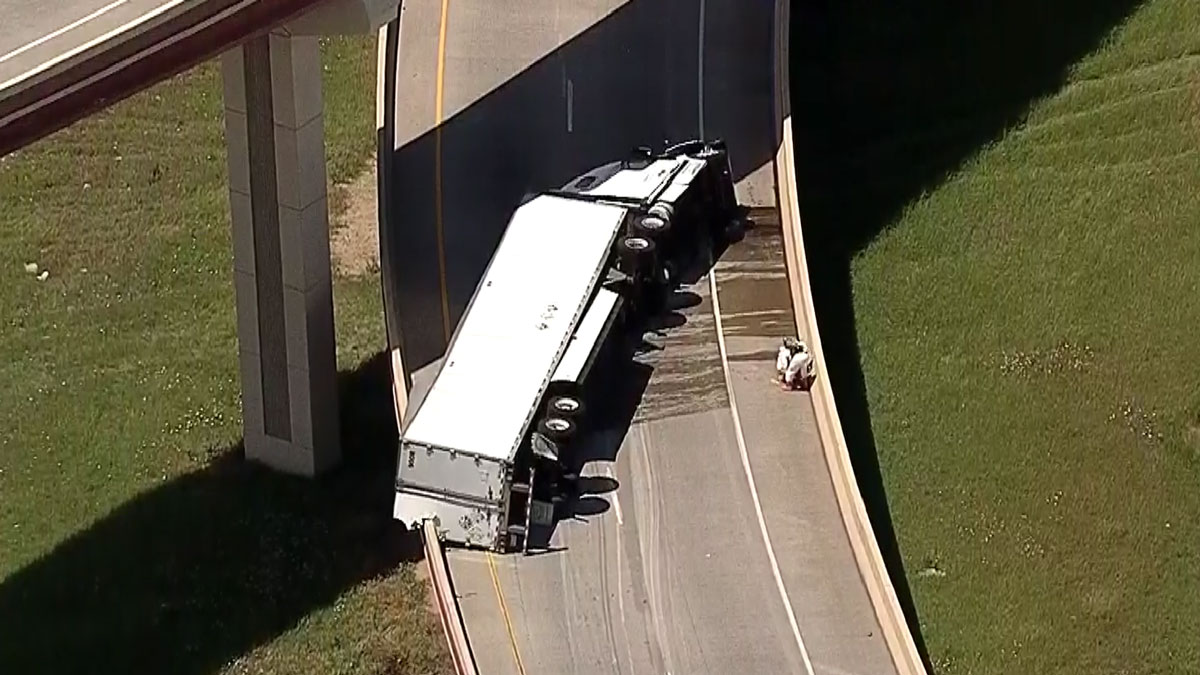 Overturned 18-Wheeler Leaking Nitric Acid Onto Irving Hwy.
