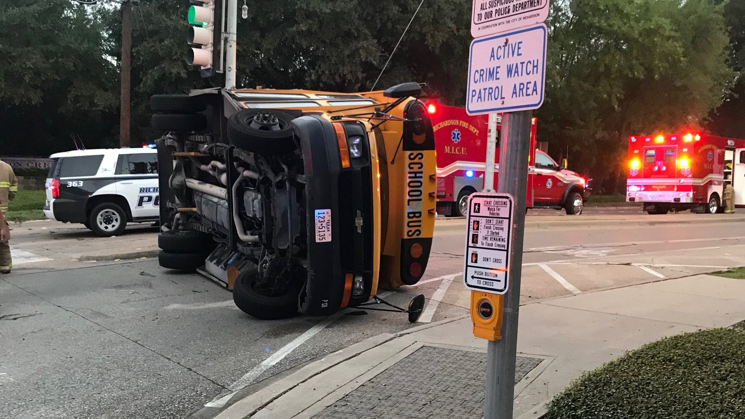 Bus Overturned in Richardson, No Injuries Reported